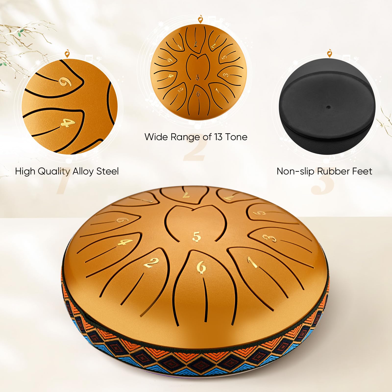 Steel Tongue Drum, 6 Pollici 11 Note Handpan Strumento Musicale Impostata, Portatile Tamburo del Handpan in Acciaio, Strumento a Percussione per Meditazione, Yoga, Guarigione del Suono, Oro