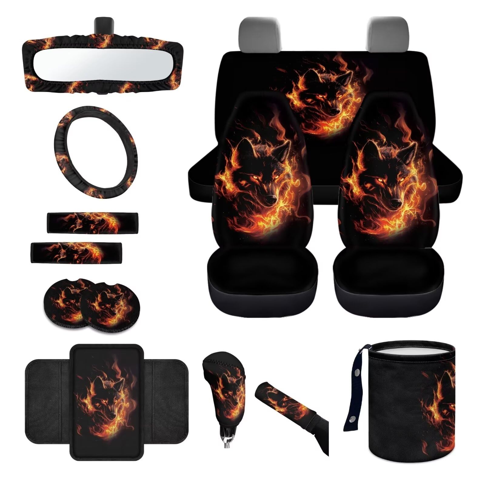 Wanyint Wolf Fire - Set completo di coprisedili per auto, accessori per auto, con coprivolante, cinghie, sottobicchieri, borsa della spazzatura, copertura per specchietto retrovisore, copertura per