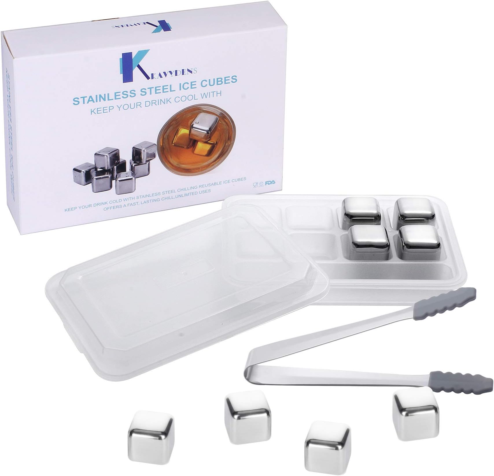 Reusable Stainless Steel Whiskey Stones or Ice Cubes, Set of 8 Ice Cubes with Silicone Tip Tongs and Storage Tray for Wine, Beverage, Juice or Soda..