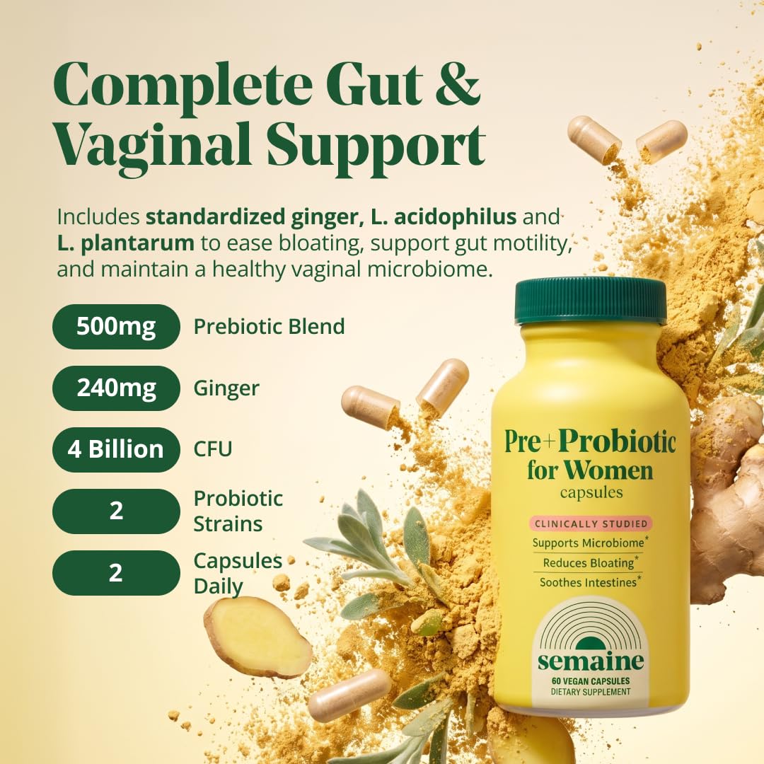 Semaine Health Prebiotics and Probiotics for Women - Women Probiotic + Prebiotic with Standardized Ginger, Psyllium Husk & Acacia Gum, 4 Billion CFU Lactobacillus, 60 Vegetable Capsules — Amazon image 3