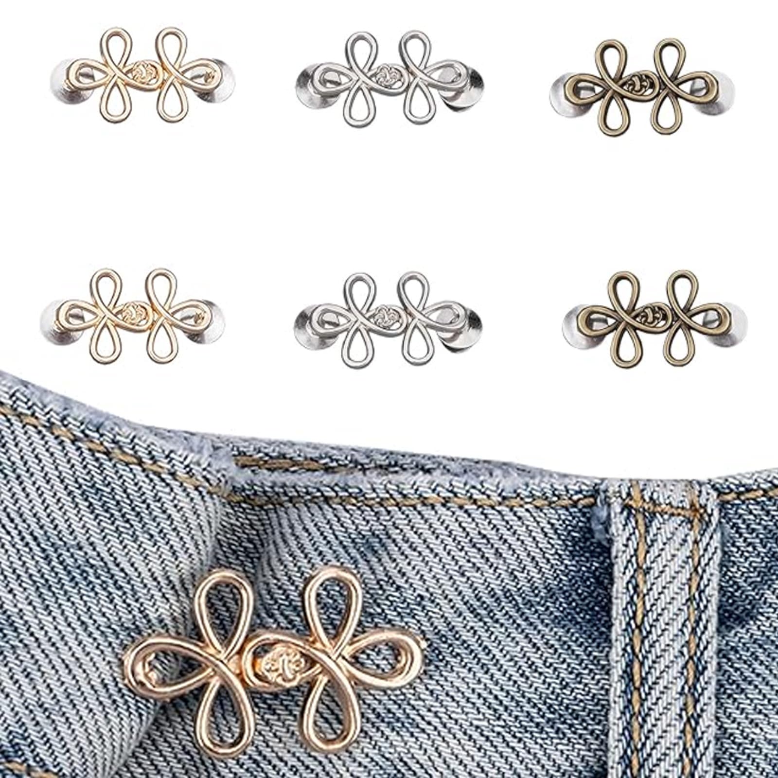 NoraGlaze 6PCS Jeans Waist Reducer Buttons Adjustable Clothing Clips - No Sew Waistband Tighteners for Trousers and Skirts - Detachable Fasteners for Denim, Dresses, Jackets and Shorts