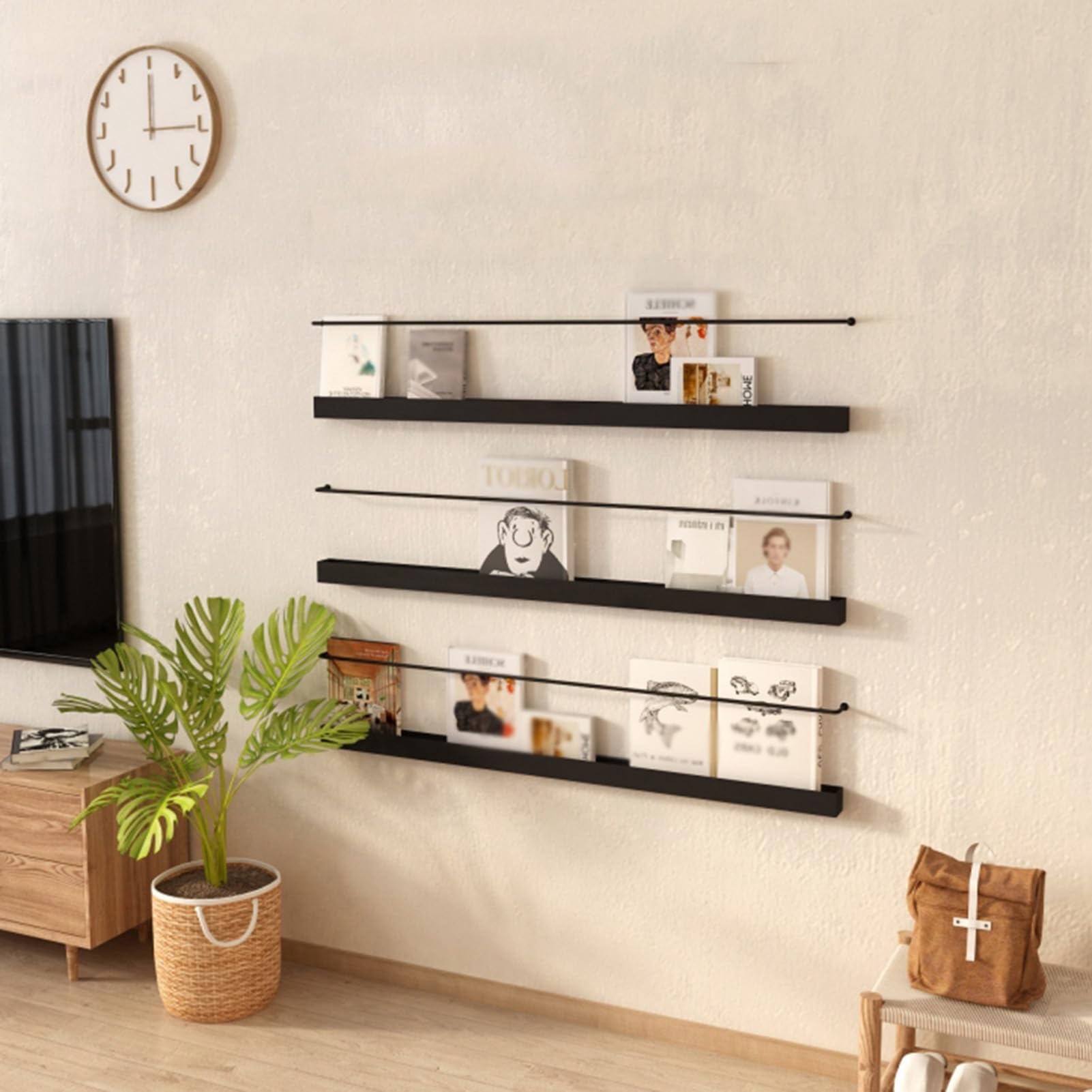 Czarny metalowy naścienny stojak na dokumenty, zestaw 3 szt., minimalistyczny uchwyt na czasopisma i broszura do biura, salonu, łazienki, dekoracja, wyświetlacz C i broszura (90 cm 89.9 cm)
