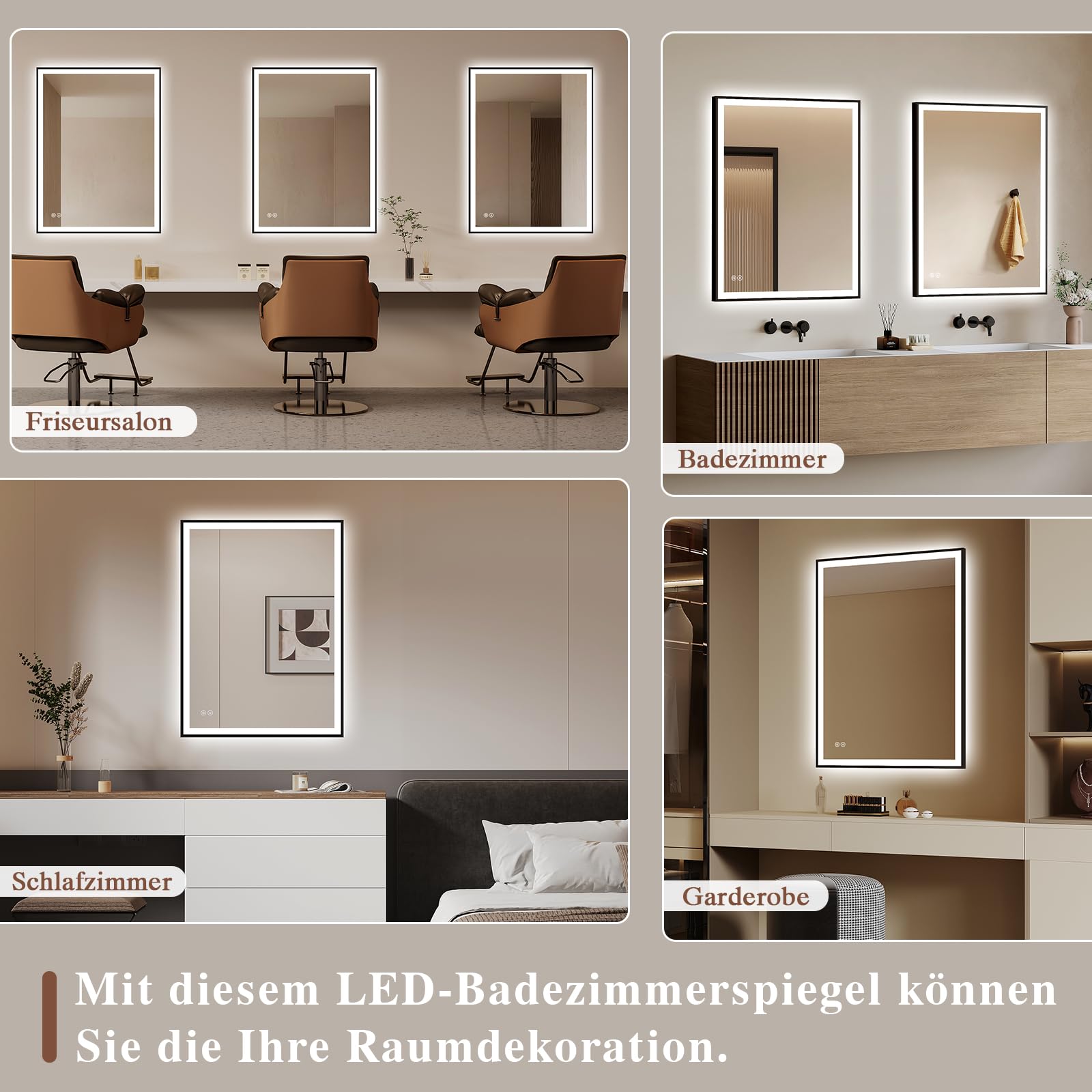 Badspiegel-mit-Beleuchtung 40x60 - Badezimmerspiegel LED Badezimmer Spiegel mit Beleuchtung - Beschlagfrei, Dimmbar, 3 Lichtfarben, Wandspiegel Led-Spiegel-Bad Schwarz Metallrahmen Horizontal/Vertikal