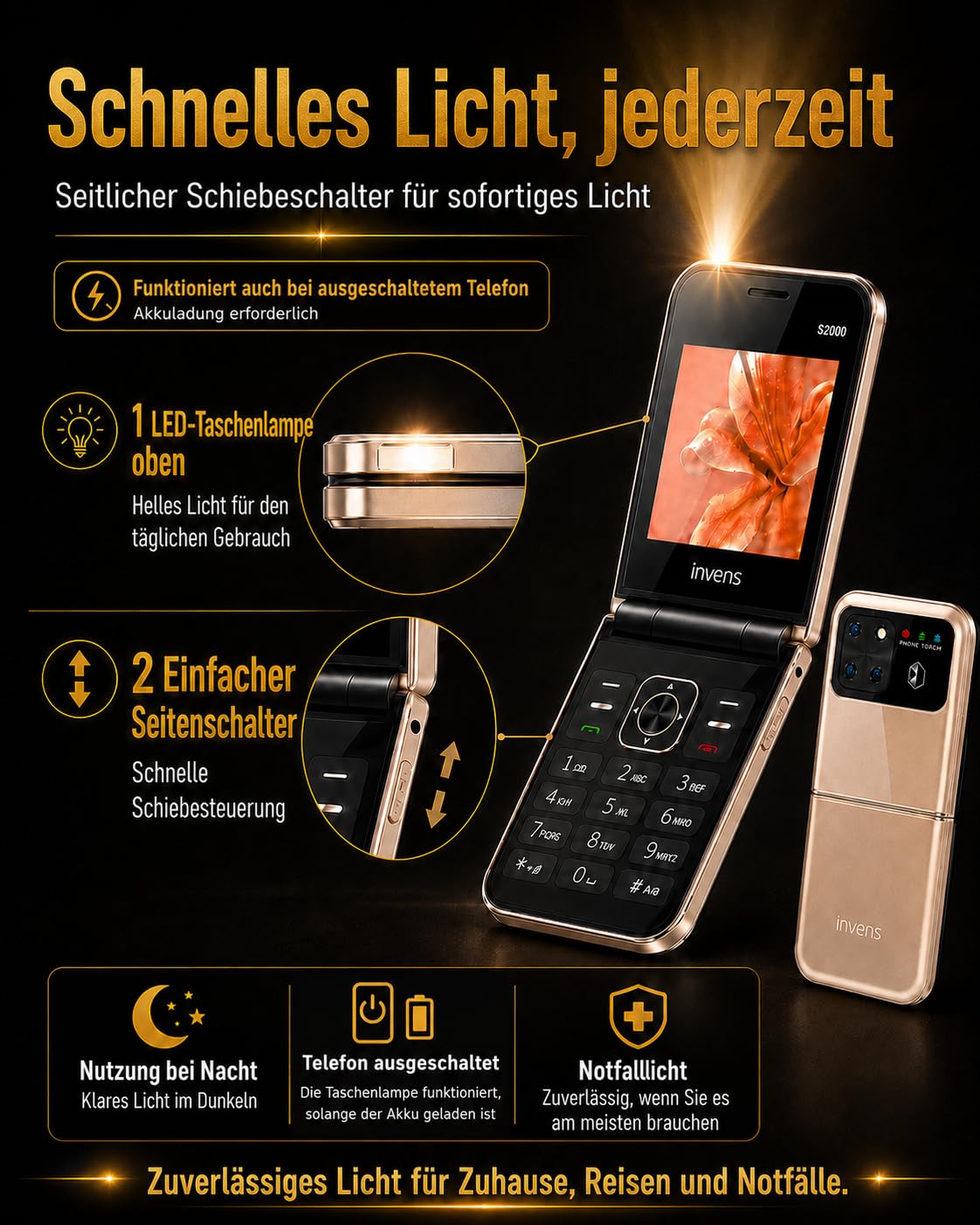 invens Seniorenhandy Klapphandy ohne Vertrag, 4 SIM-Karten, 1700-mAh-Akku