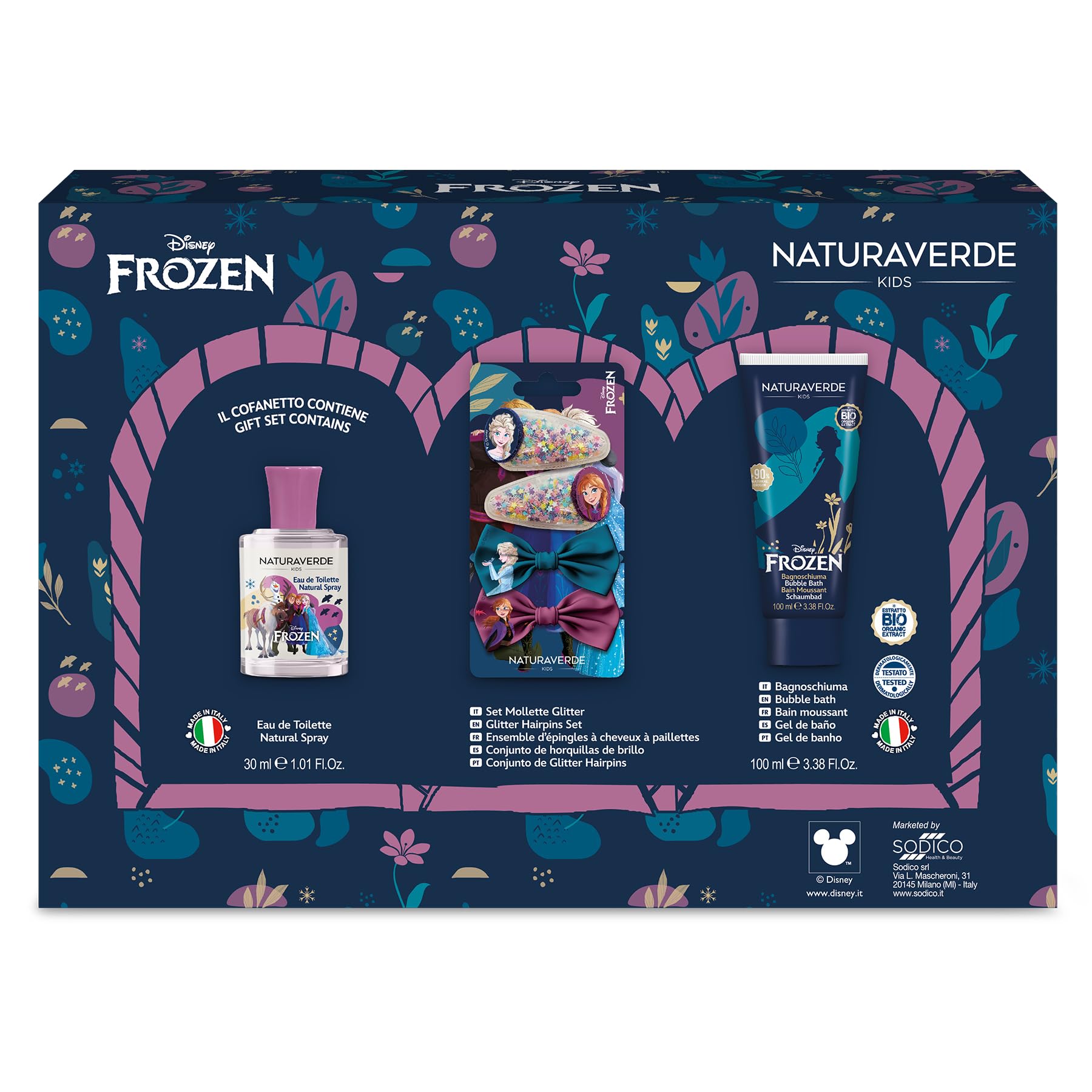FROZEN | Frozen Gift Set, Profumo 30ml + Bagnoschiuma 100ml + Mollette Glitter - Set Elegante e Divertente per la Cura dei Più Piccoli
