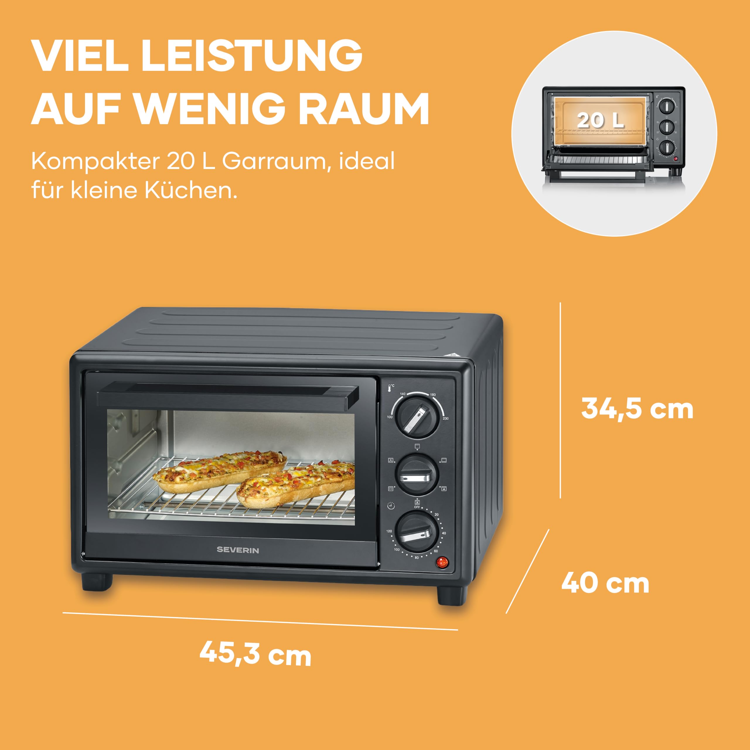 Severin Back- und Toastofen, Bake&Toast, 20L, bis 230°C, Umluft-Funktion, Ober- und Unterhitze, inkl. Pizzastein, Drehspieß, Krümelblech, Backblech, Grillrost, 120Min. Timer, 1600W, schwarz, TO 2079