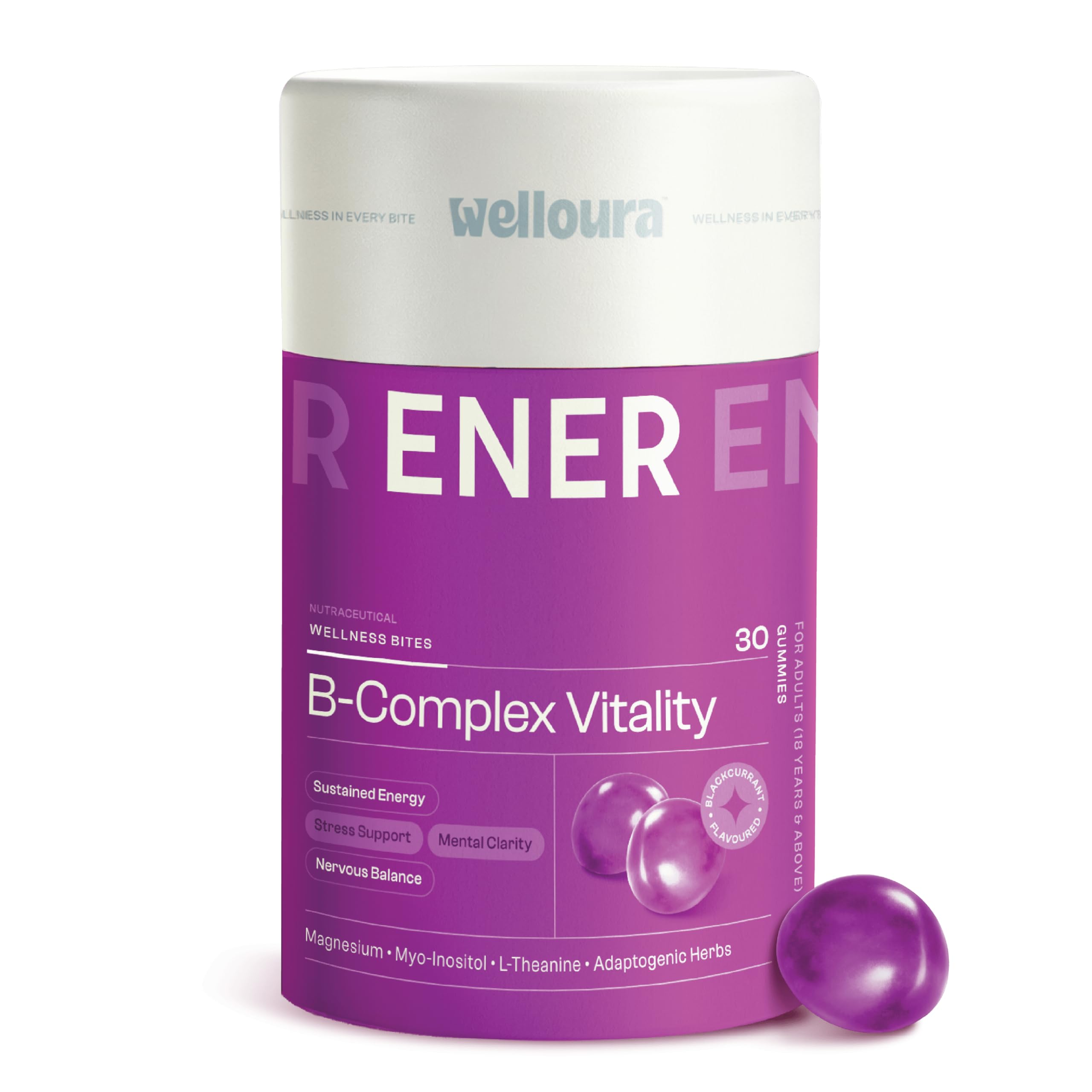 Welloura ENER B-Complex Vitality Gummies | Energy, Focus & Stress Support | With Vitamins B1 B2 B3 B5 B6 B9 B12 Magnesium & Ashwagandha | Blackcurrant Flavour | 30 Veg Gummies | No Added Sugar