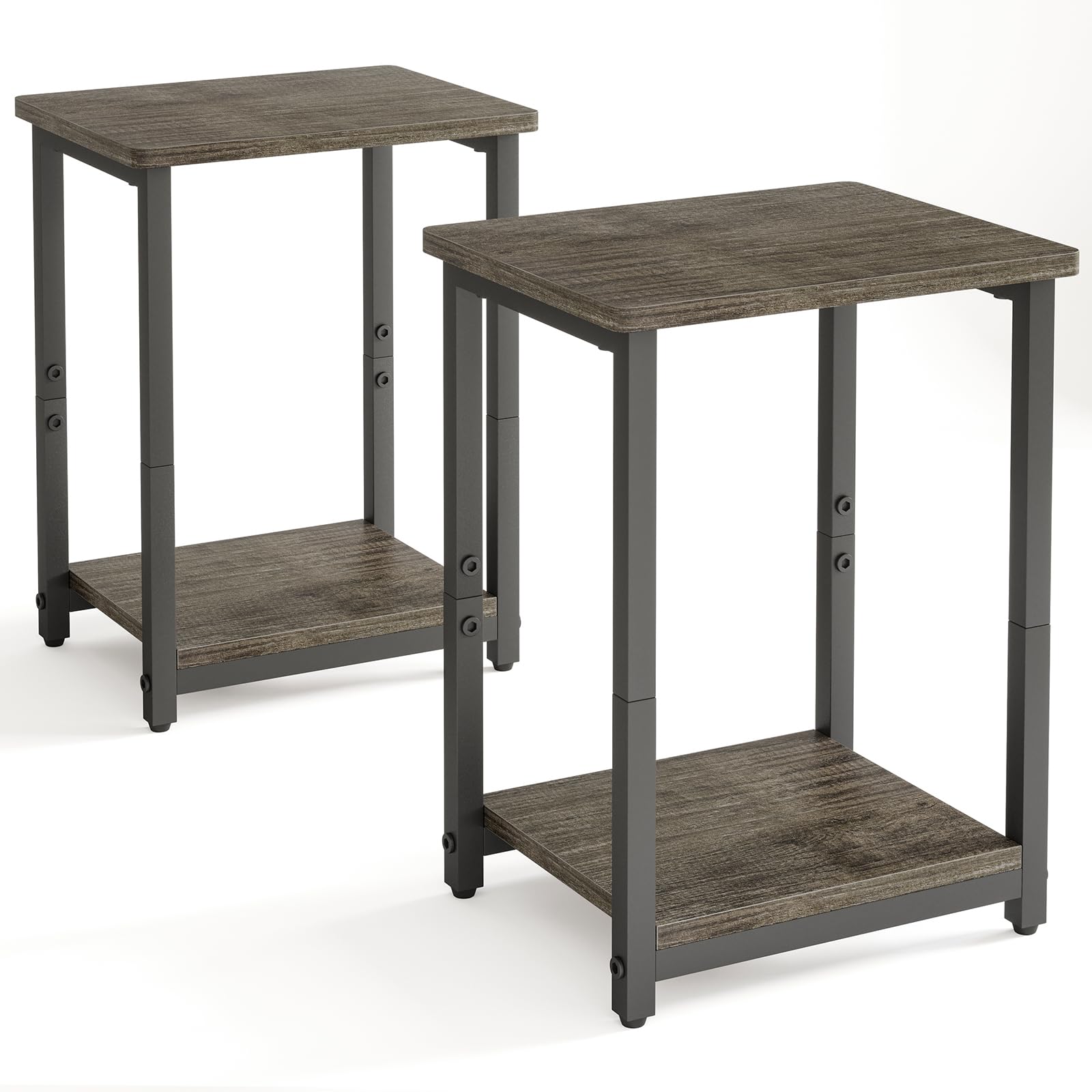 Fixwal Side Tables Set of 2, 2-Tier End Table, Nightstand for Living Room, Bedroom, Garden, Office, Stable Metal Frame, Grey and Black