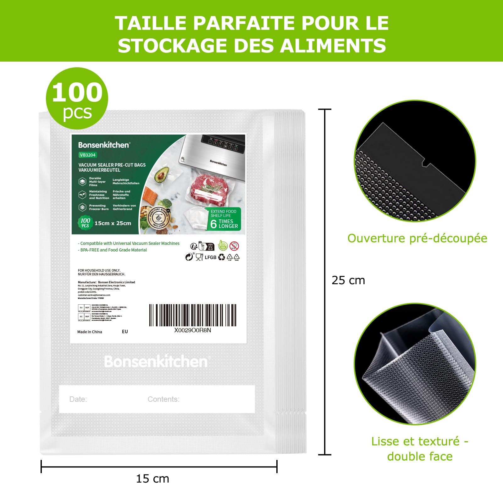 100 Sacs Sous Vide Gaufrés – BOLSEMACK – 23x27,5 Cm (230x275mm) – Idéal Pour Sous-vide Maison – Neuf