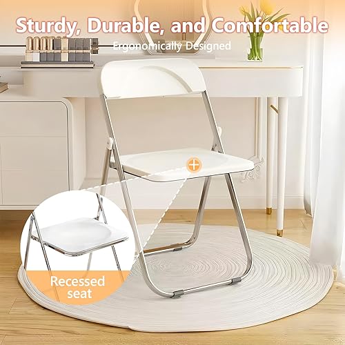 Miniatura 5 de Paquete de 8 sillas plegables de plástico blanco Iniciador de eventos apilables para iglesia, aula, salón comunitario (capacidad de 250 libras)