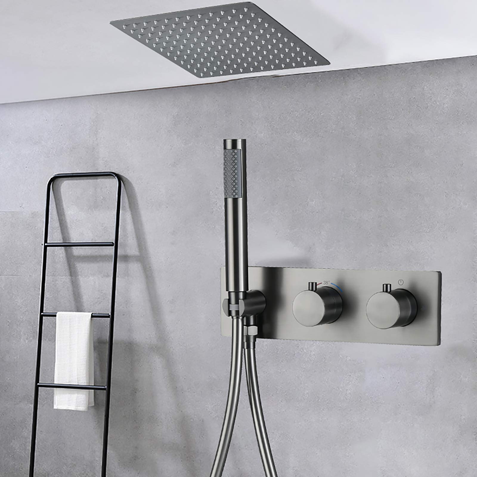 System deszczownicy, zestaw baterii termostatycznych, mosiężny, podwójny uchwyt, mieszacz sufitowy, z ręcznym prysznicem, głowica 30 cm (szara), szary