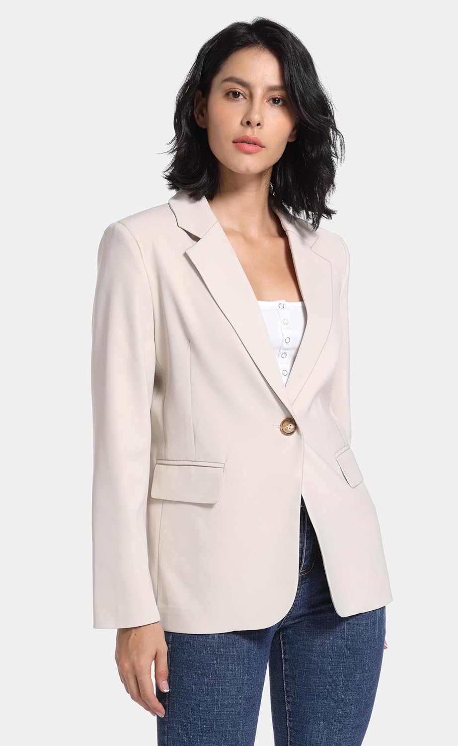 V VOCNI Blazer for Women Open Front Long Sleeve Work Office Suit Jackets Blazer Beige Large - Image 6
