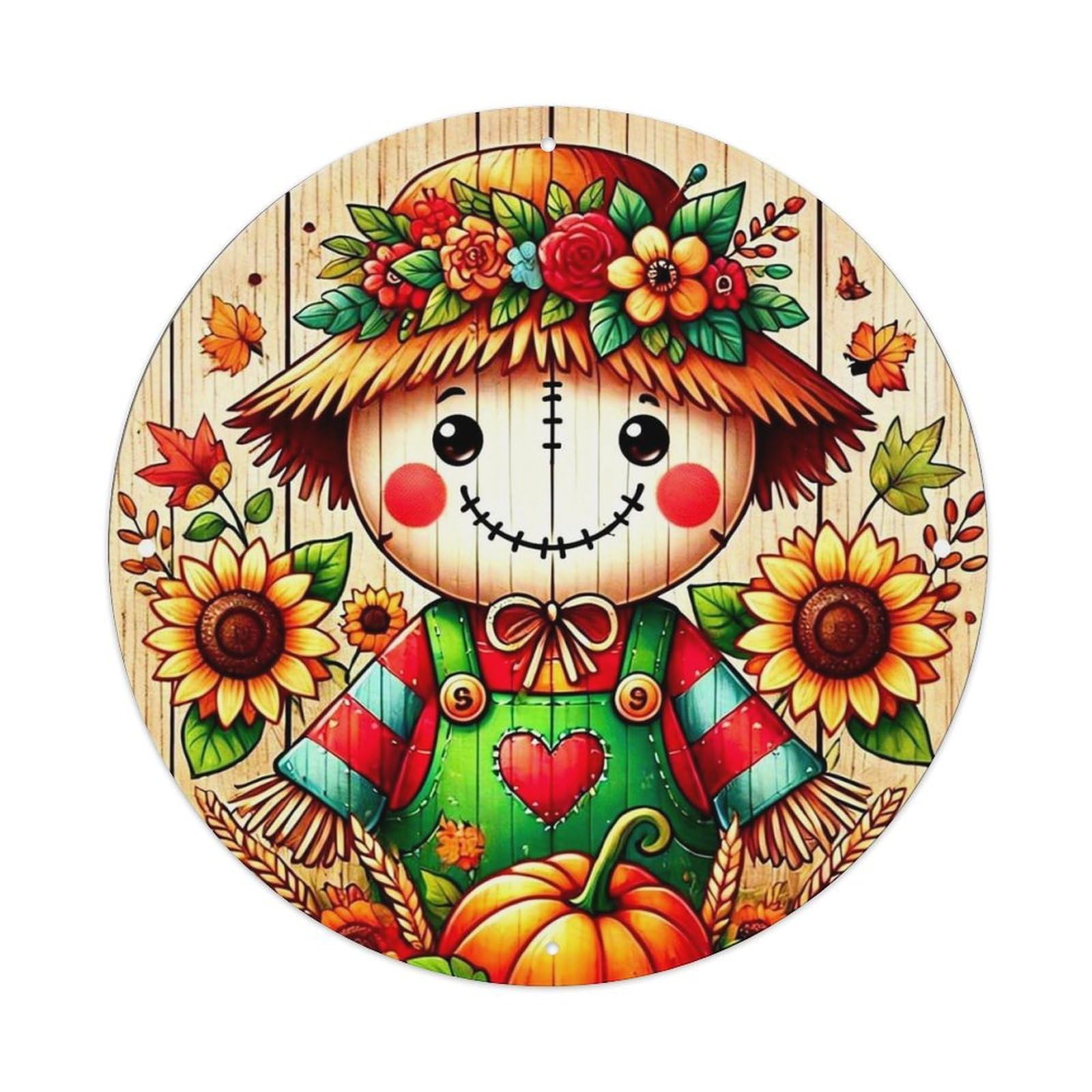 Autumn Scarecrow With Sunflowers And Pumpkin Tin Sign Metal Poster Vintage Metal Signs for Home Man Cave Bar Cafe Kitchen laundry room Wall Decorations 8x8 inches