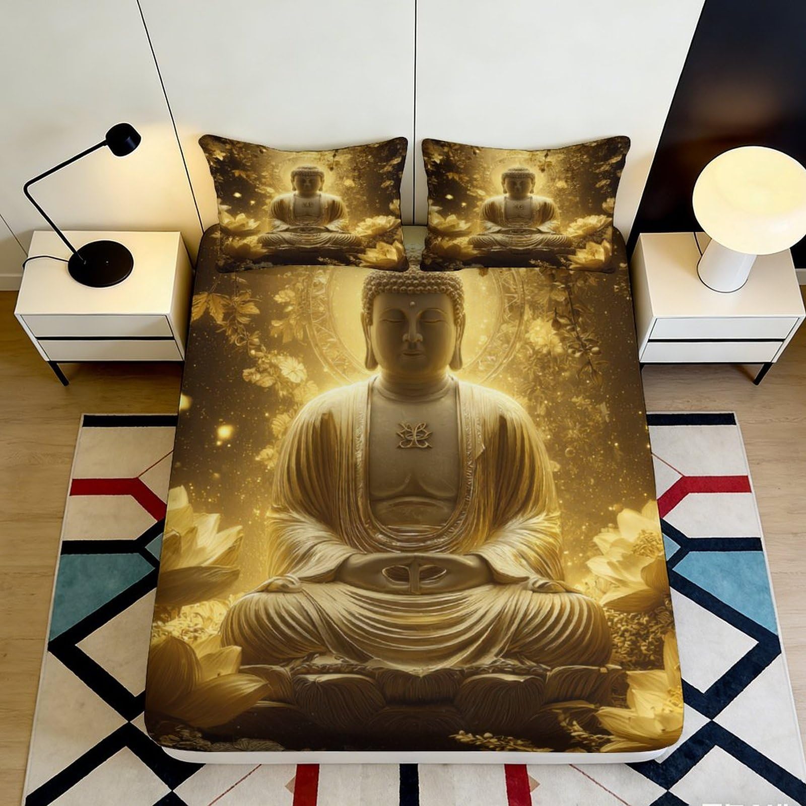 3D Printed Golden Buddha Fitted Sheet Microfiber Soft Breathable Spiritual Lotus Bed Cover for Bedroom Dormitory Guest Room Mattress Protection Decor 120x200x25cm