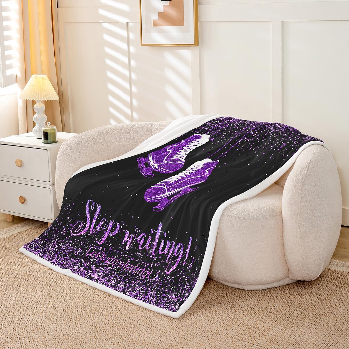 Skate Shoes Throw Blanket Ice Skating Game Fleece Blanket, Extreme Sport Bed Blanket for Kids Teens Girls Glitter Purple Flannel Blanket, Twin Size (60 x 80 Inches)