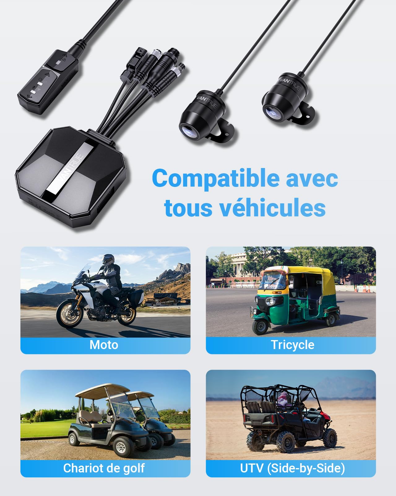 VANTRUE F1 4K+1080P Caméra de Moto étanche IP67，5GHz WiFi GPS Dashcam Moto Avant et Arrière, Alertes Vocales, 24H Détection de Collision，Statistiques de Kilométrage，WDR & HDR & Appli,300° Max 512G
