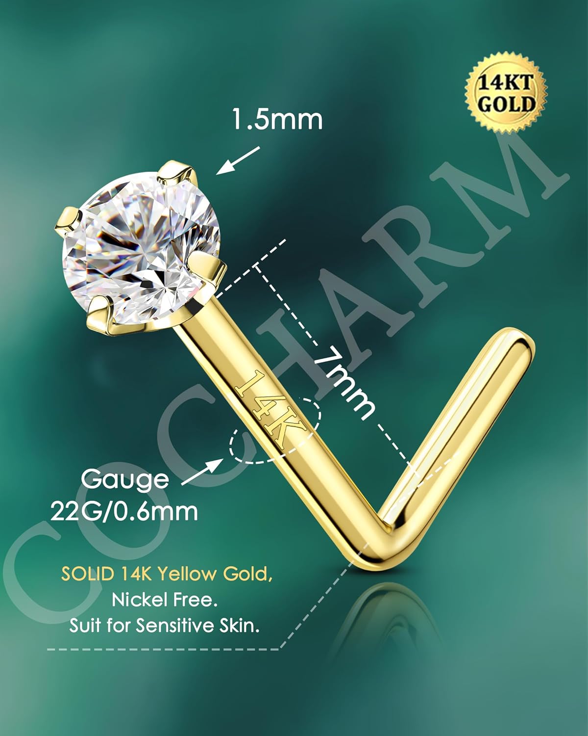 COCHARM 14K Solid Gold Bone L Bend Nose Stud 22g 18g 20g 1.5mm 2mm 3mm CZ Yellow Gold Nose Ring Stud Press Fit Nose Pin S Screw 14K Real Gold Nose Piercing 22g 20g 18g Nose Jewelry
