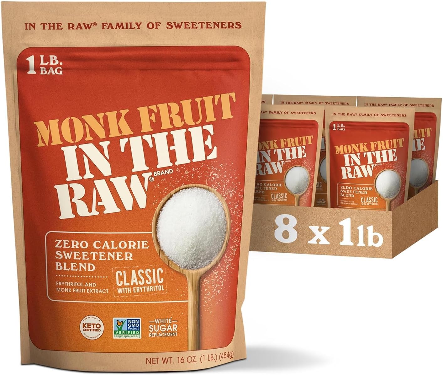 Monk Fruit In The Raw Sweetener Baker's Bag, 16 oz., 8 Pack, Keto Certified Monk Fruit Sweetener, Zero Calories, Zero Net Carbs, Non-GMO Project Verified