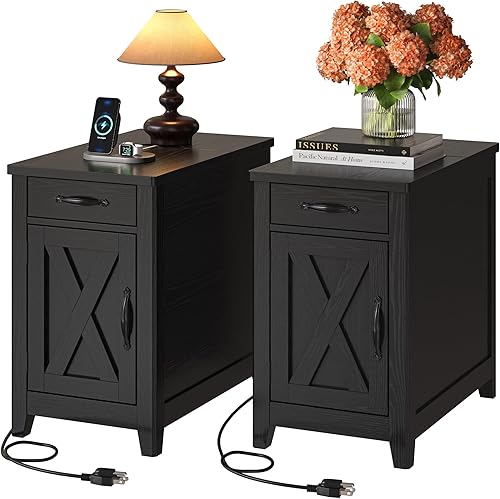 IRONCK Mesa auxiliar con estación de carga, mesa auxiliar estrecha para sala de estar, juego de 2 mesitas de noche con cajón y portavasos, mesita de disponible en Yaxa Guatemala