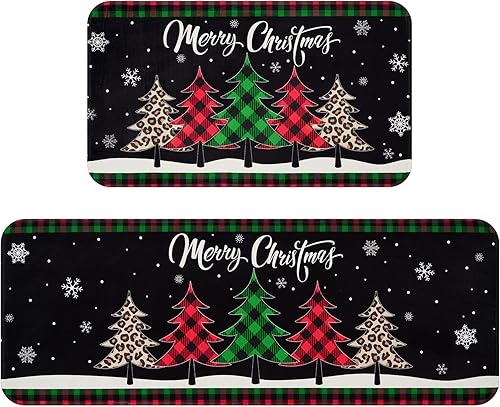 ASPMIZ Juego de 2 alfombras de cocina con diseño de Feliz Navidad, diseño de búfalo verde y rojo, de bajo perfil, alfombras de cocina para árbol de