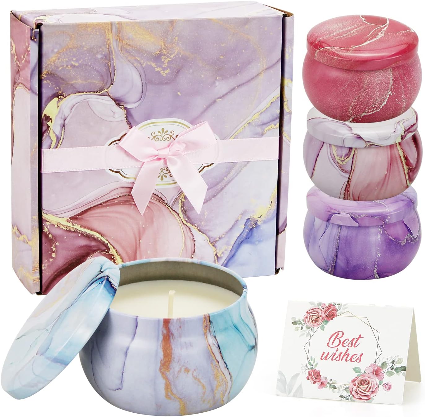 Scented Candles Gift Set – 4 Large 4.4oz Aromatherapy Candles in Tin | Natural Soy Wax & Essential Oils | Gardenia, Lavender, Vanilla, Rose | Home Fragrance & Ideal Gift for Christmas & New Year