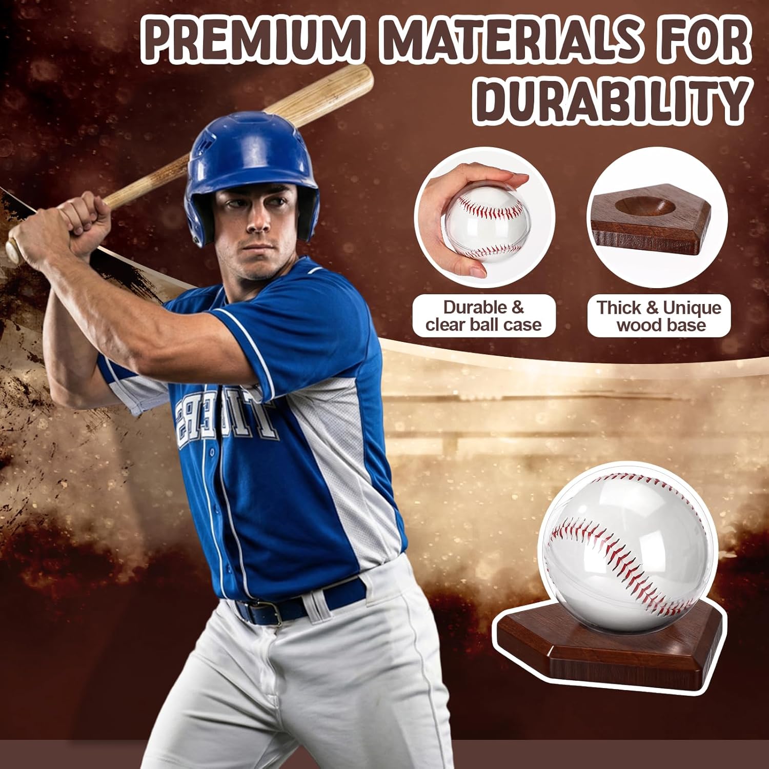 AceOrbit 6 Set Baseball Display Case with Wooden Base, Round Clear Acrylic Ball Holder, Memorabilia Autograph Baseball Stand Box for Single Ball, Pine Wood, Brown