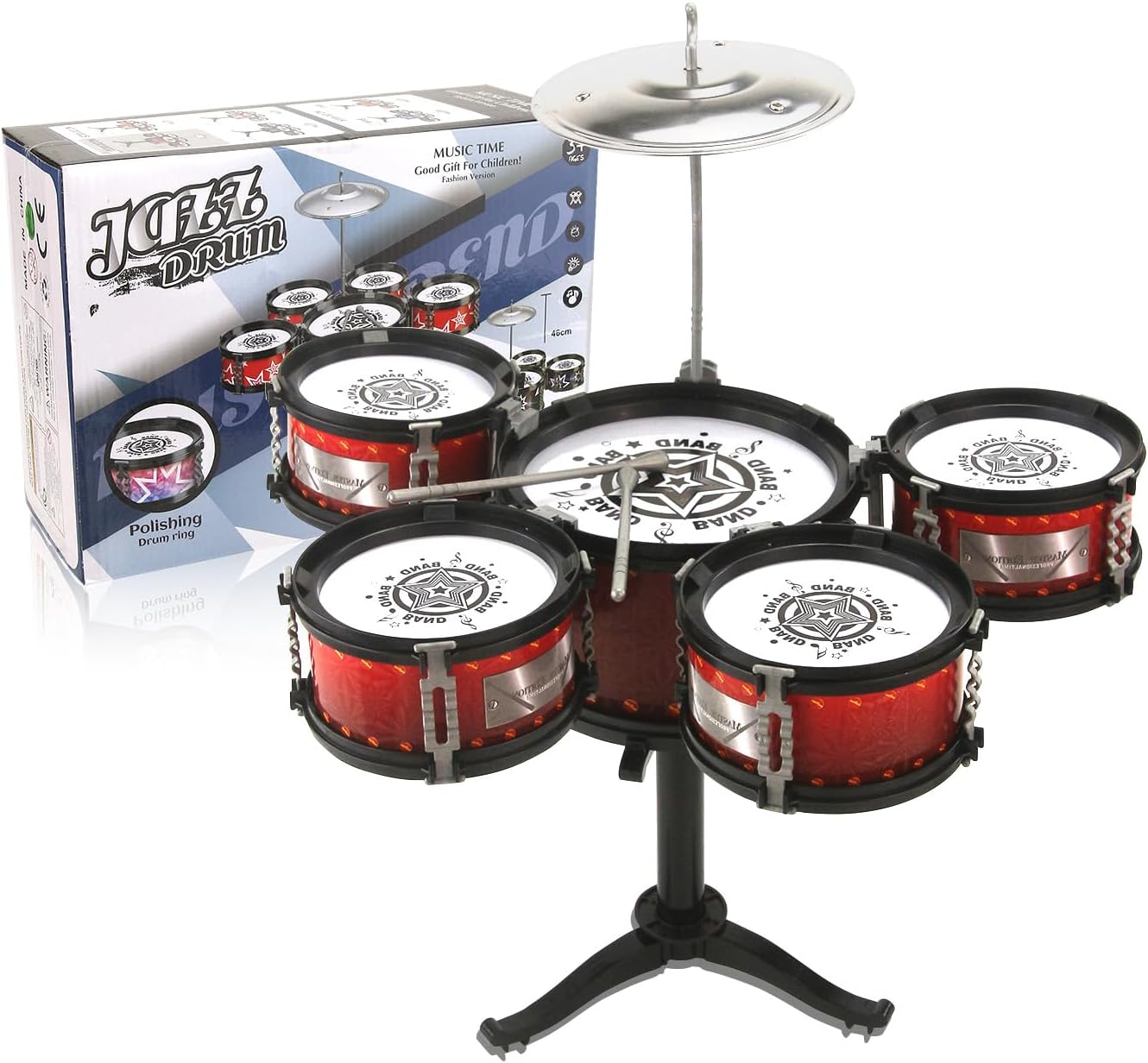 BOROLA Kids Rock Jazz Drum Set Beginner’s Musical Learning & Education Toys Durable Kit Ideal for Boys & Girls Ages 3+(5 Drums Red and White Set)