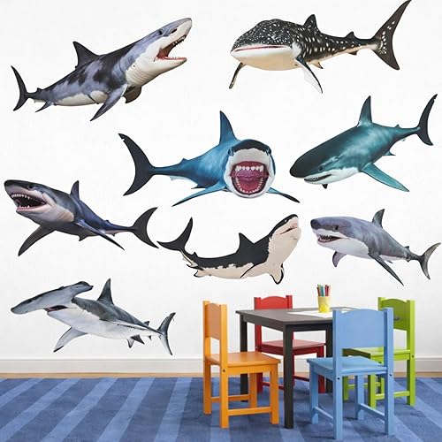 Zonon 8 calcomanías de pared realistas de tiburón, calcomanías extraíbles de animales marinos marinos, decoración de pared de tiburón