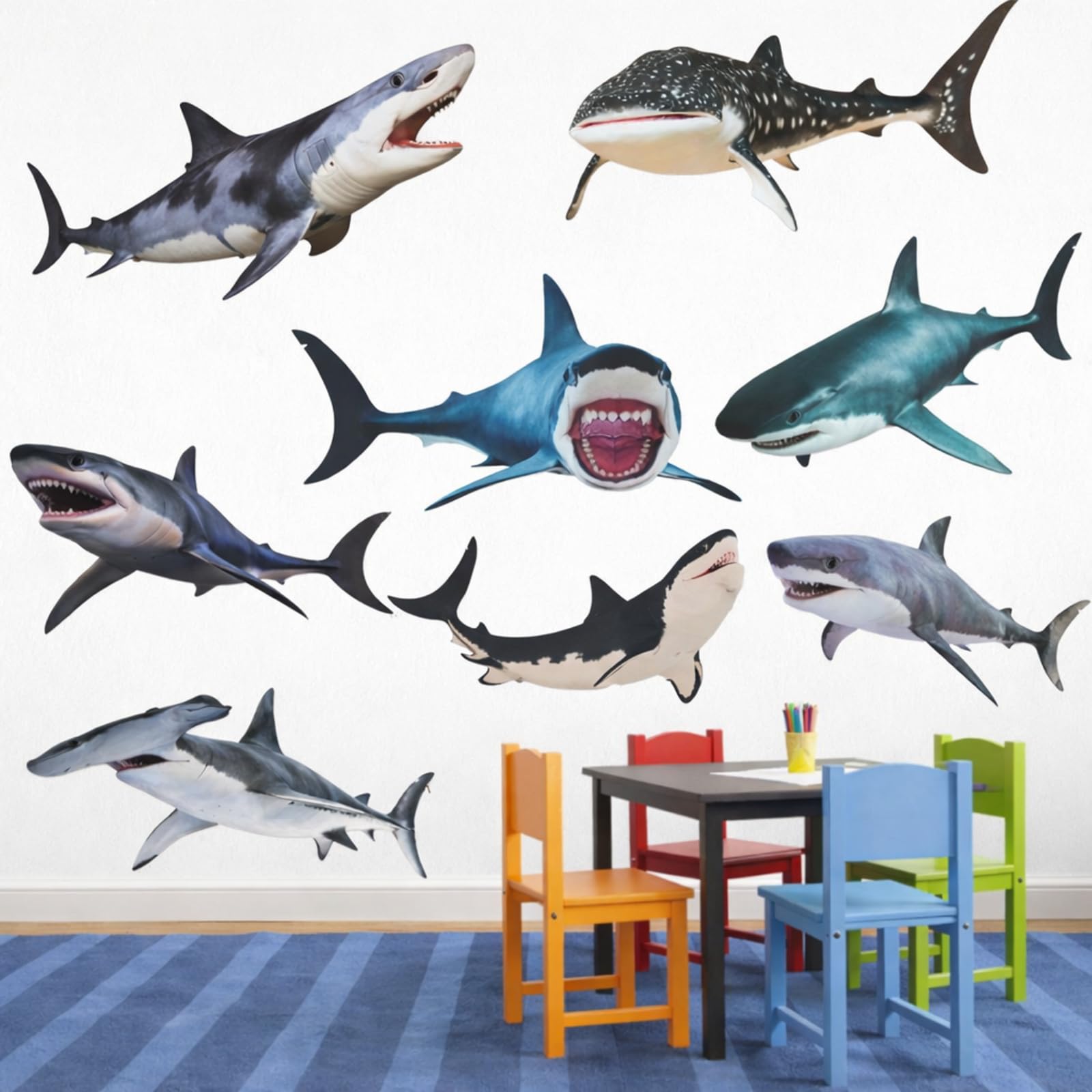 Zonon 8 Pieces Sharks Wall Stickers Realistic Ocean Animal Peel and Stick Wall Decals Shark Fish Room Decor Under The Sea Life Theme Decals Sea Creature Animal Decal for Party Room Nursery Home Decor