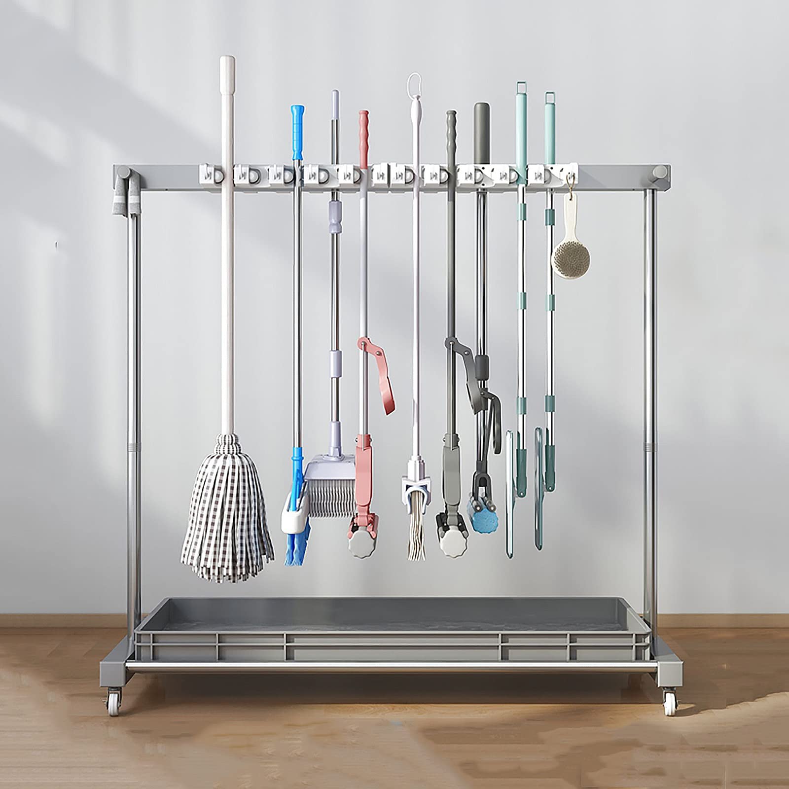ASerZenith Movable Broom Mop Holder,Utility Holder For Mops And Brooms,Cleaning Supplies Organizer,Mop Drain Rack,Cleaning Supplies Organizer,Garden Long-Handled Tool Organizer Garage St(L127)