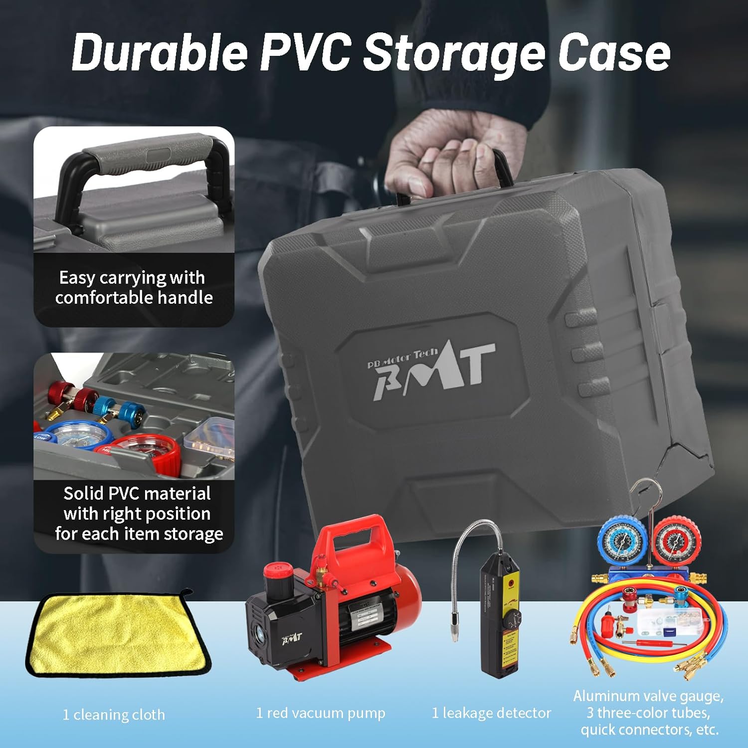 PB Motor Tech Vacuum Pump & Gauge Set - 4.5 CFM Pump with 3 Way Aluminum Manifold Gauge, with Leak Detector & PVC Storage Case - for R134A, R410A, R22, R404A Refrigerants & AC Maintenance