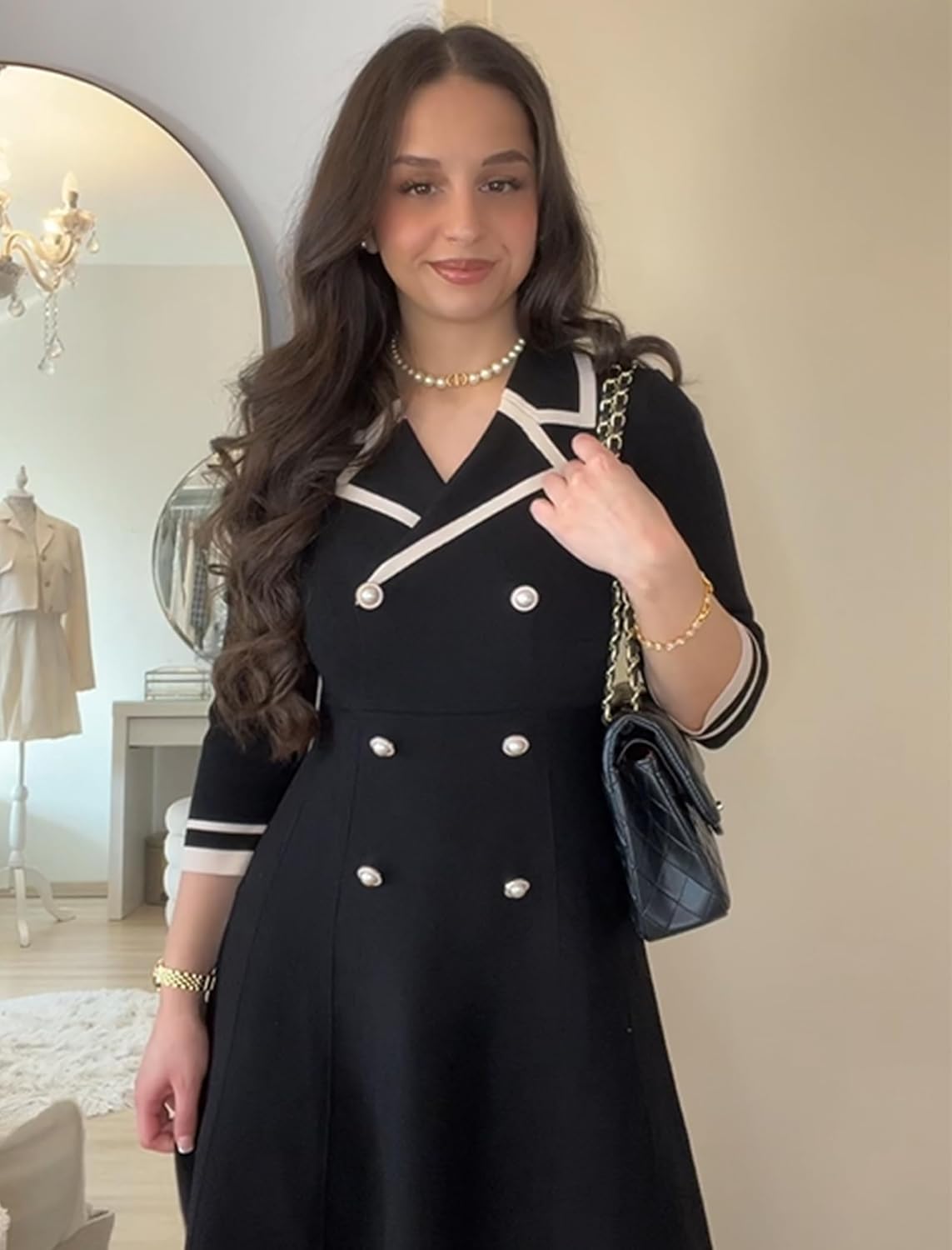 GOELIA Mini Sweater Dress for Women, Button up 3/4 Sleeve Knit Dresses for Teacher Work Business