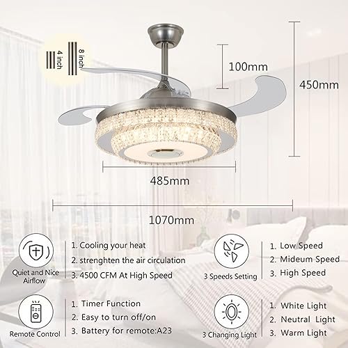 Miniatura 2 de mfanchan Fandelier de 42 pulgadas con altavoz Bluetooth, candelabro con ventilador, ventiladores de techo de cristal inteligentes con luces y