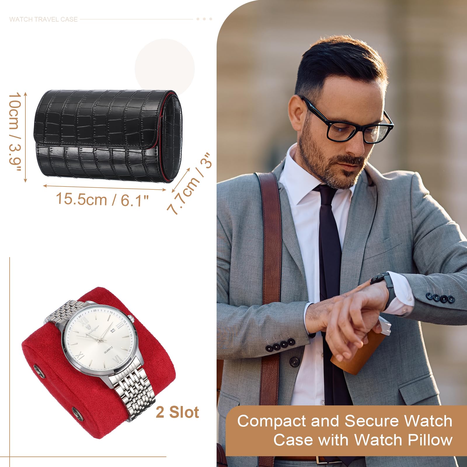 Étui de voyage pour montres sourcing map pour hommes, étui en cuir à motif crocodile, boîte de rangement portable pour montres, idéal pour Noël, un anniversaire ou toute autre occasion, 2 emplacemen