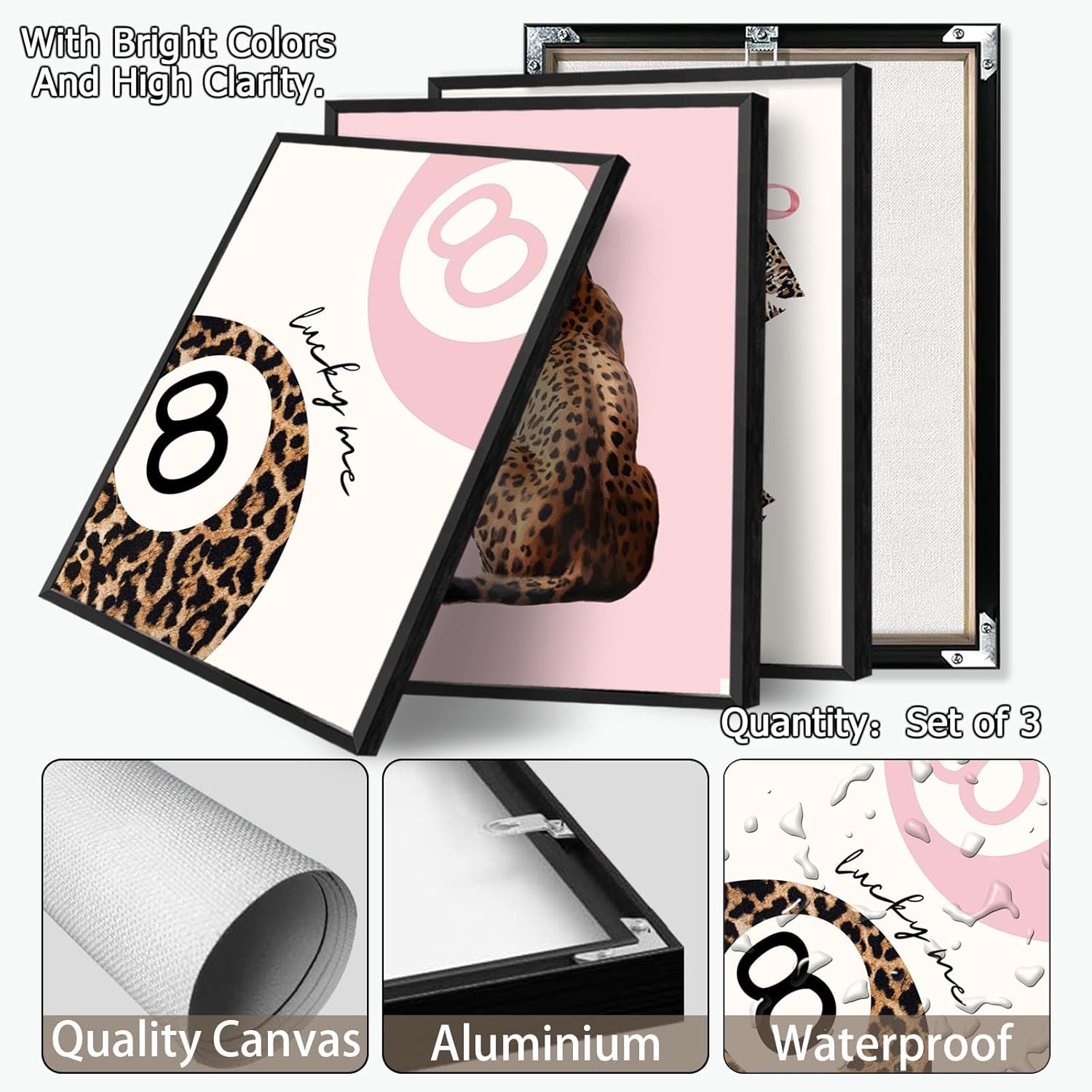 Set of 3 Coquette Pink Leopard Wall Art Trendy Lucky You 8 Ball Decor Posters Funky Cheetah Print Kiss Lips Canvas for Preppy Girly Y2k Room Dorm Apartment Bedroom Aesthetic 16x24in Metal Black Frame