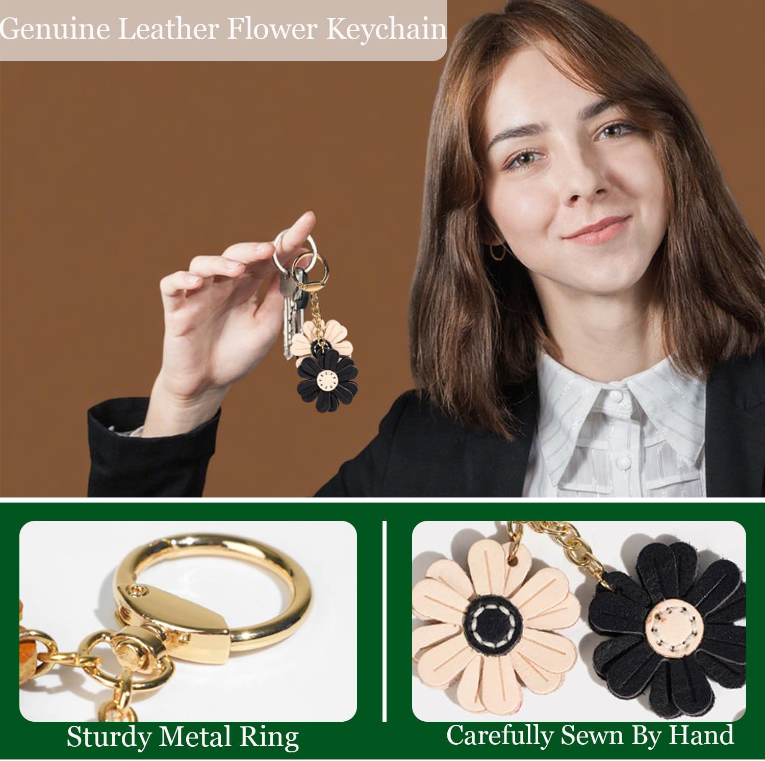 Leather Flower Keychains ，Handmade Leather Key Ring Accessories,Bag Charm,Purse Charm,Elegant Gifts for Women - Image 6