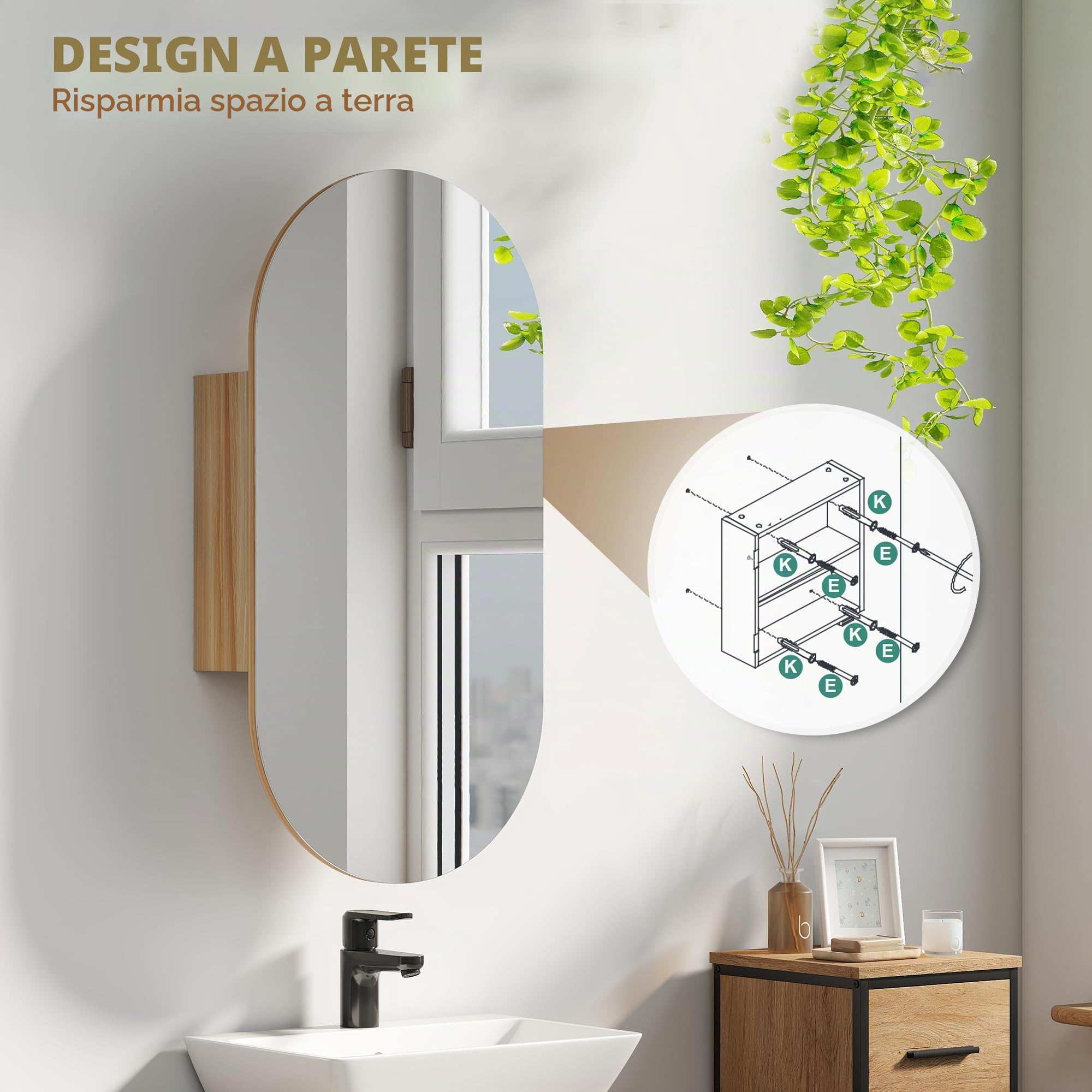 HOMCOM Mobile da parete per bagno con specchio ovale, 45 x 90 cm, mobili da bagno moderni, design senza cornice, specchio con contenitore, legno naturale