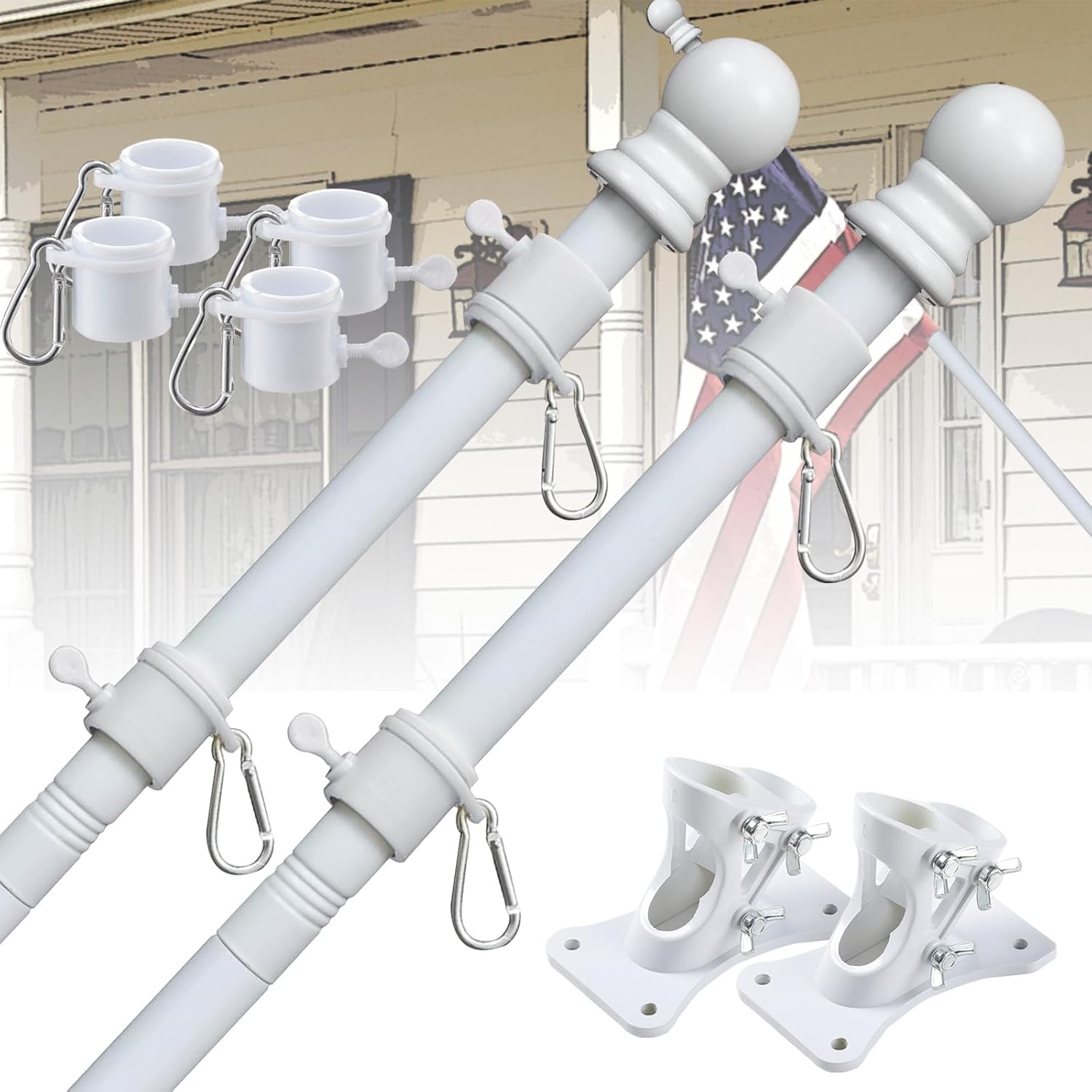 Flag Pole - Upgraded Bracket Holder,6 FT Heavy Duty Metal Flag Pole for Outside House, Non Tangle Flag Poles for 3x5 Flags Outdoor,Residential Commercial Wall Mount for Outdoor Porch, 2 Pack