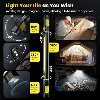 Work LightAUTO ON/Off 3000LM LED Work Light 5200mAh Under Hood Working Light with Hooks, Portable Magnetic Rechargeable Cordless Job Site Lighting for Mechanic/Car Repairing/Garage-Yellow