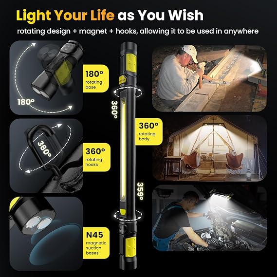 Work LightAUTO ON/Off 3000LM LED Work Light 5200mAh Under Hood Working Light with Hooks, Portable Magnetic Rechargeable Cordless Job Site Lighting for Mechanic/Car Repairing/Garage-Yellow