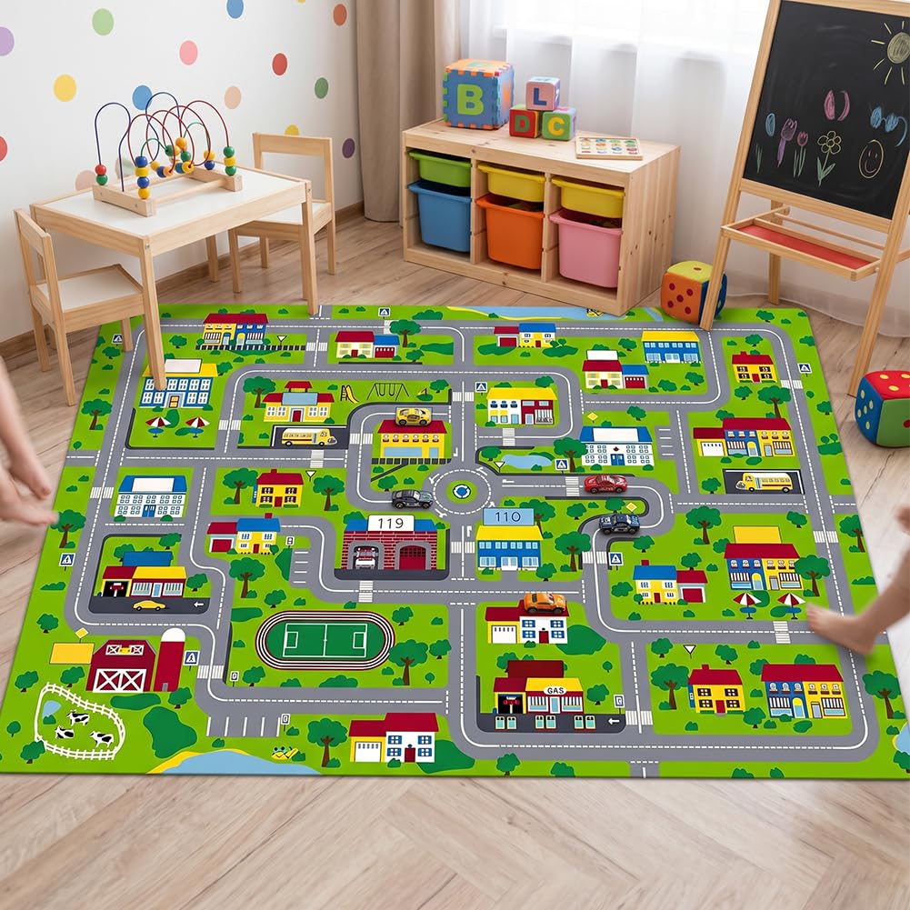 Spielteppich Stadt Rectangular Anti Slip Rug, Weicher Kuscheliger Teppich Kristall, Cartoon Teppiche Fein Vernähter Rand Ideale für Kinderzimmerdekoration und Spielspaß 80 * 120CM (Green)