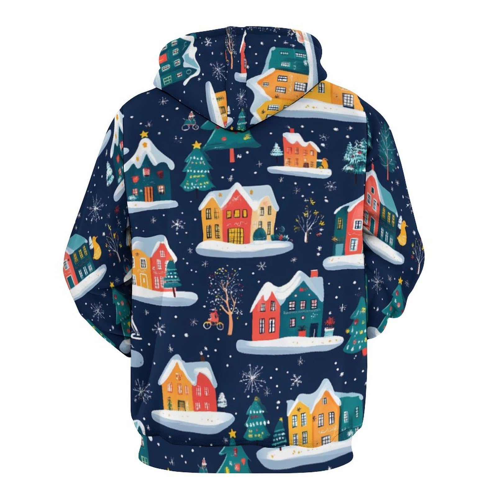 Felpa con cappuccio alla moda con case colorate di Natale per uomo donna manica lunga grafica colorata morbida pullover top