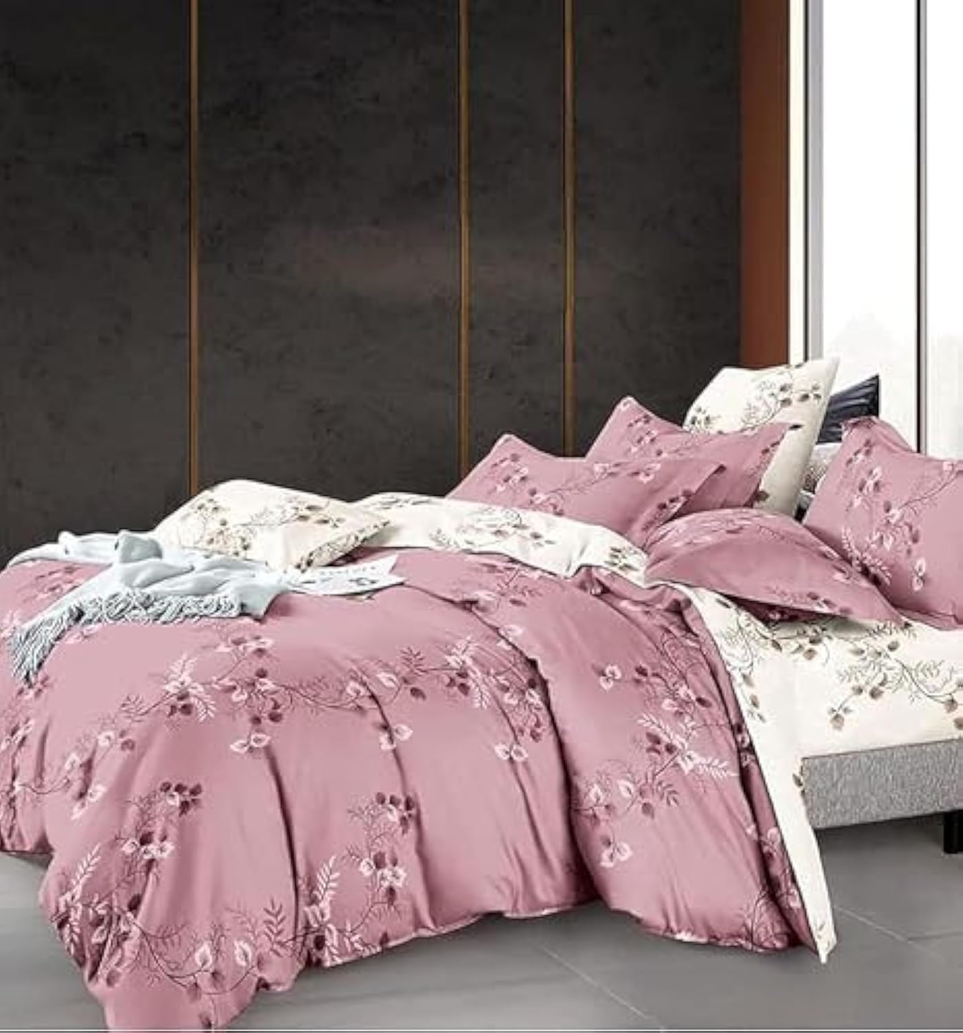 Miscellaneous Vizier Bedding Duvet Cover Set - King size (220X240CM) 6 Piece - Floral Pink Grey