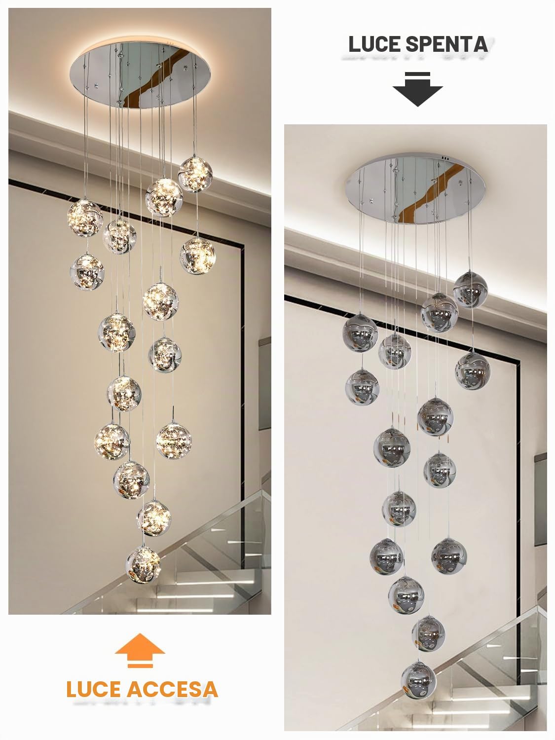 250CM Lampadario LED per Scale 15 Sfere di Vetro 80W 3000K Grigio | Treppenhaus Lampada a Sospensione Soffitto Moderne Länge Lampadari Ville Luci la Sala Cucina Soggiorno Glass ball