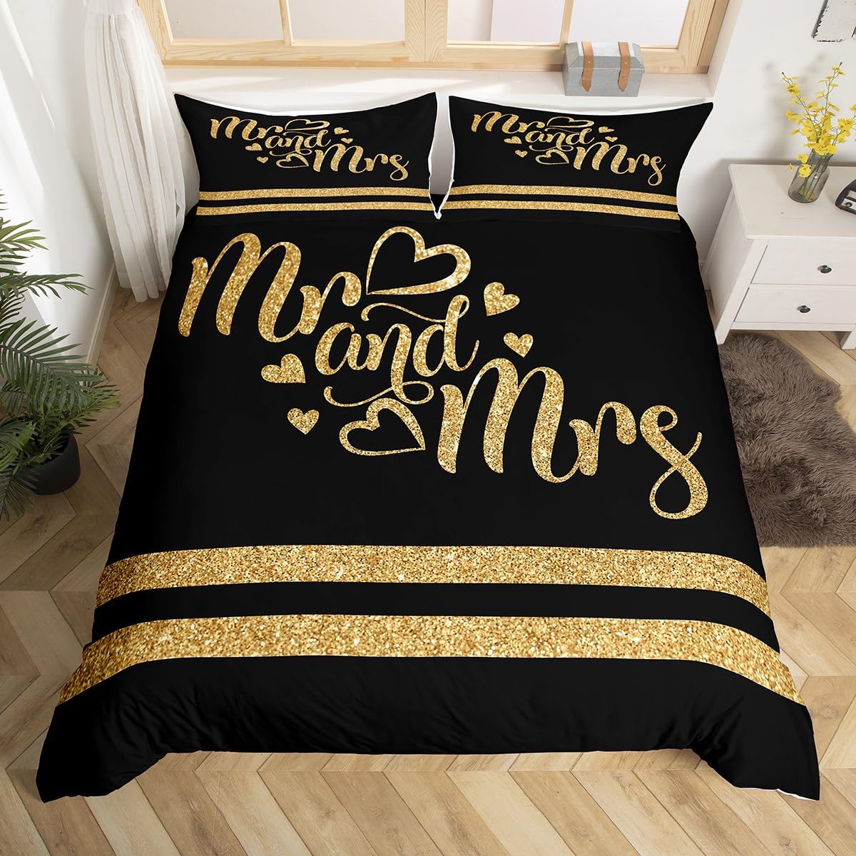 Manfei Mr and Mrs Duvet Cover Set Double Size, Gold Glitter Comforter Cover with 2 Pillowcases