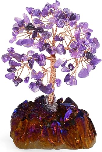 MASGEMES Árbol de la vida con piedras preciosas, amatista natural, racimo de cuarzo y titanio, cristales curativos de energía positiva, equilibrio