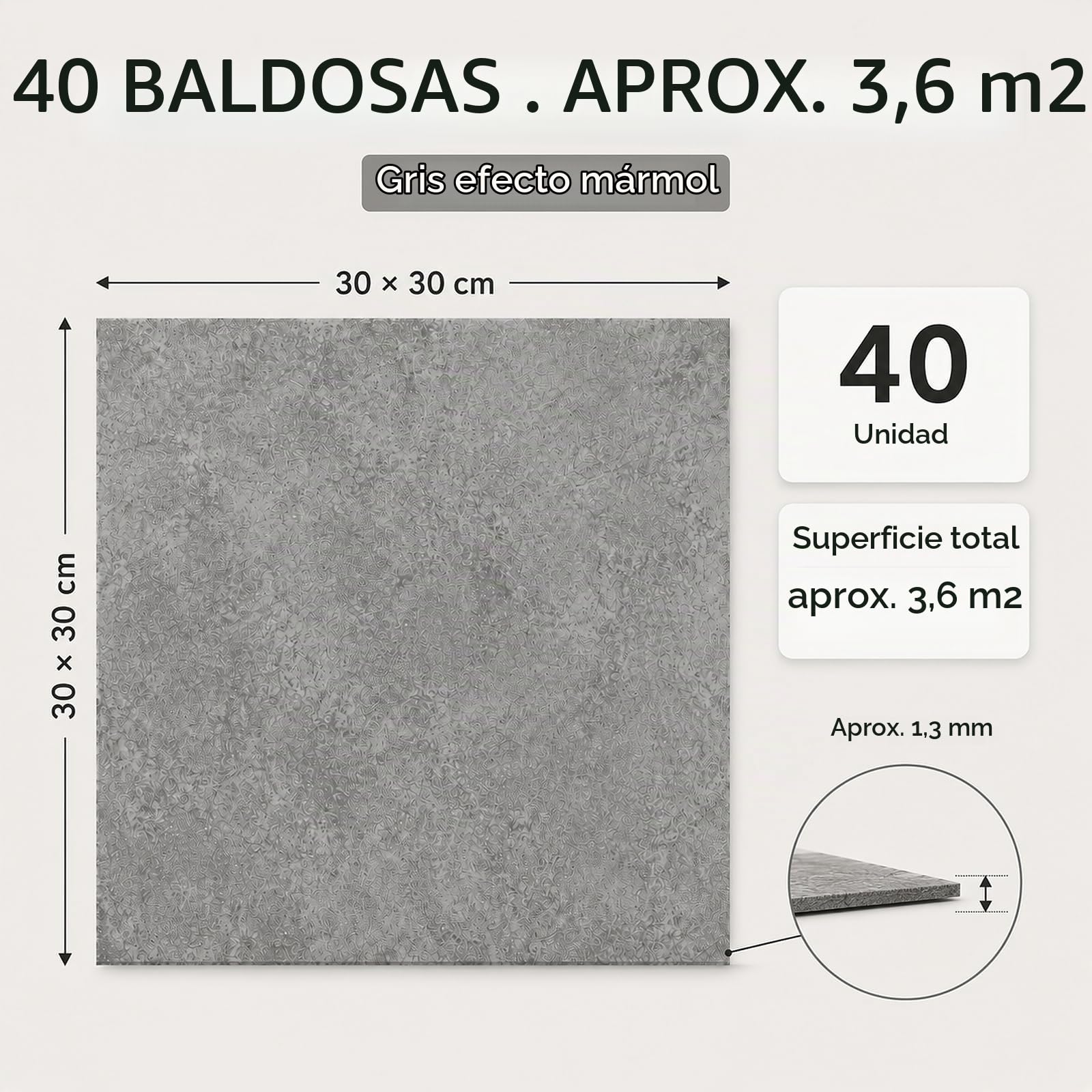 CYEER 40 Piezas/3,6m² Revestimiento de Suelo Autoadhesivo PVC 30x30CM, Carrelaje Autoadhesivo para Cocina, Baño, Sala, Mármol Gris