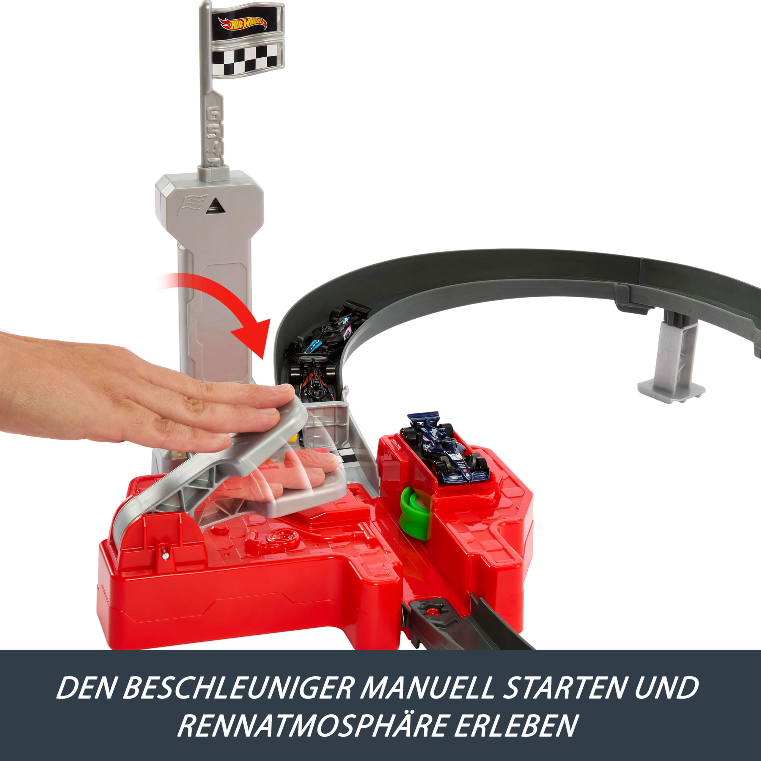 Hot Wheels Spielzeugauto-Trackset, 3 Formel 1 Die-Cast-Fahrzeuge im Maßstab 1:64: McLaren F1 Team, Alpine und VCARB, Rennstrecke für Seite-an-Seite-Wettrennen, JDY15