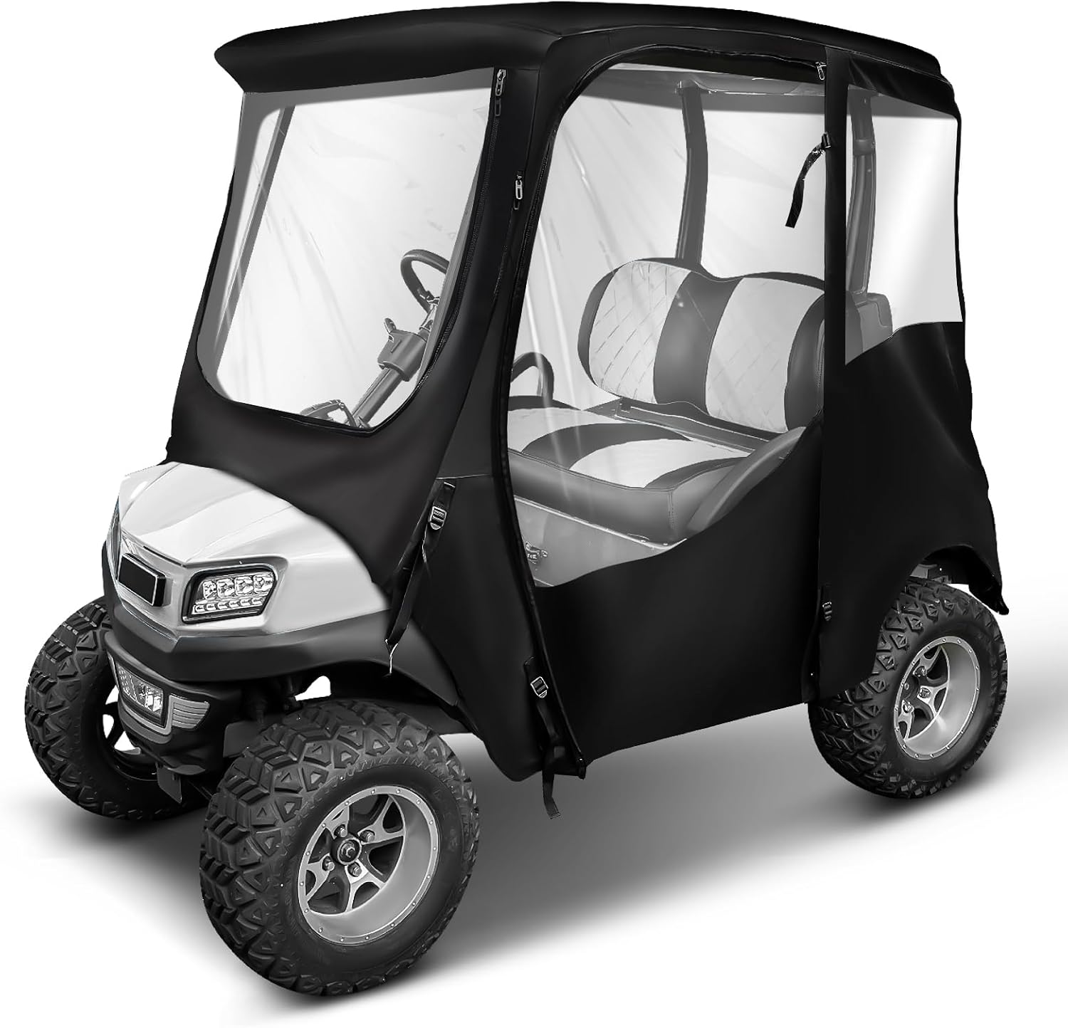 NOKINS 600D Golf Cart Deluxe Enclosure for Club Car Precedent/Tempo/Onward 2 Passenger, Waterproof Golf Cart Rain Cover,2 Seat Transparent Storage Driving Rain Cover Clear PVC Roll Up Window (Black)
