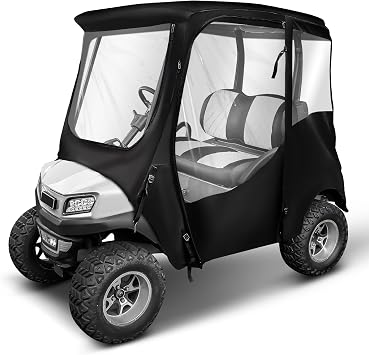 NOKINS 600D Waterproof Golf Cart Deluxe Enclosure for Club Car Precedent/Tempo/Onward 2 Passenger, Golf Cart Rain Cover with Clear PVC Roll Up Window, 2 Seat Transparent Storage Driving Cover Black